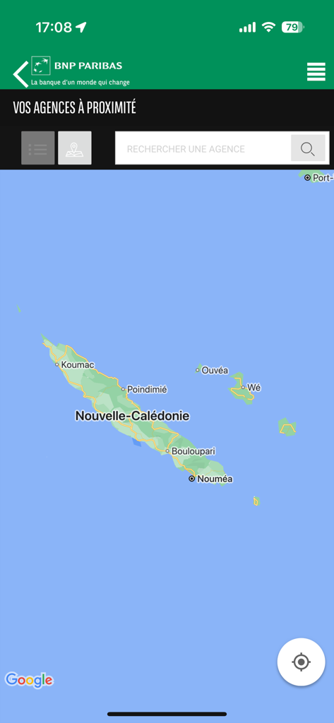 BNP Paribas Nouvelle Caledonie - Map of New Caledonia showing BNP Paribas branch locations in the mobile app interface