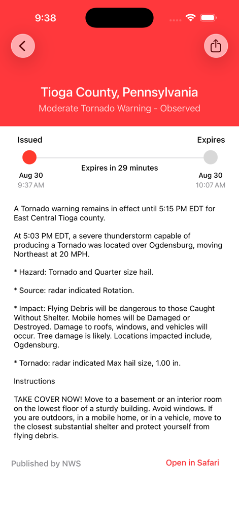 My Hurricane Tracker Pro - A detailed tornado warning alert for Tioga County Pennsylvania displayed in the My Hurricane Tracker Pro app.