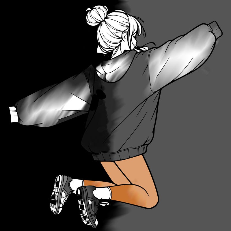 realistic girl jumping with a bun and oversized sweatshirt