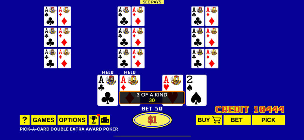 Una interfaz de juego de video poker multimano mostrando un resultado ganador de tercia con ases retenidos