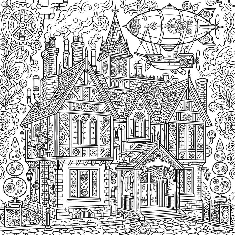 Unleash your creativity with this magnificent Tudor mansion coloring page, reimagined with captivating steampunk gears and contraptions. Dive into a world where Victorian elegance meets industrial fantasy, perfect for detailed coloring enthusiasts.
