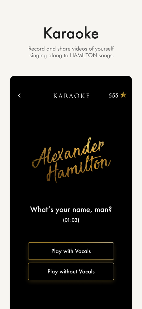 Interface de karaokê no aplicativo Hamilton mostrando a música Alexander Hamilton com opções vocais