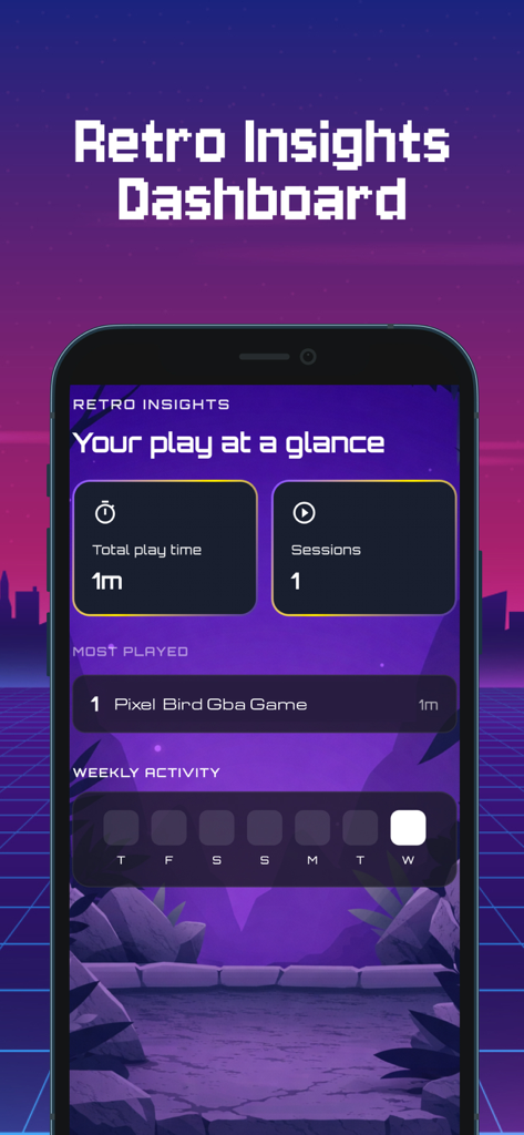 MyBoy - GBA & SNES Emulator - MyBoy app retro insights dashboard showing total play time and weekly gaming activity statistics