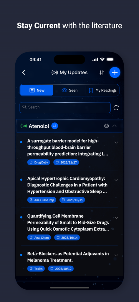 Deep Evidence: Clinical AI - Mobile interface of Deep Evidence app showing the latest clinical research articles and medical literature updates for healthcare professionals