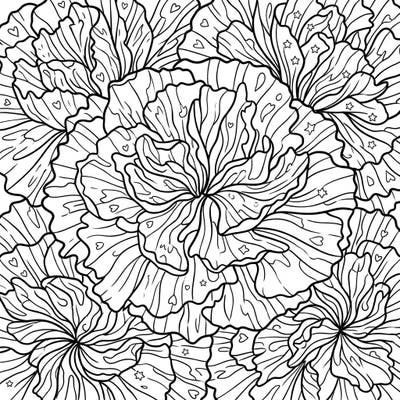 Immerse yourself in a beautiful design of ruffled carnation petals, intricately intertwined across the page. This special Pride-themed coloring page features subtle hearts and stars, inviting you to celebrate love and diversity with every stroke.