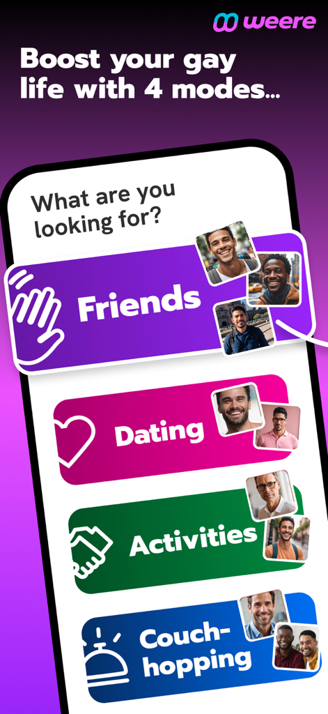 Weere app screen showing four modes Friends Dating Activities and Couch hopping with user profile photos