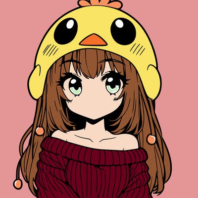 anime girl with chick shaped hat with sweater with bare shoulders with bangs covering them one eye with low tail