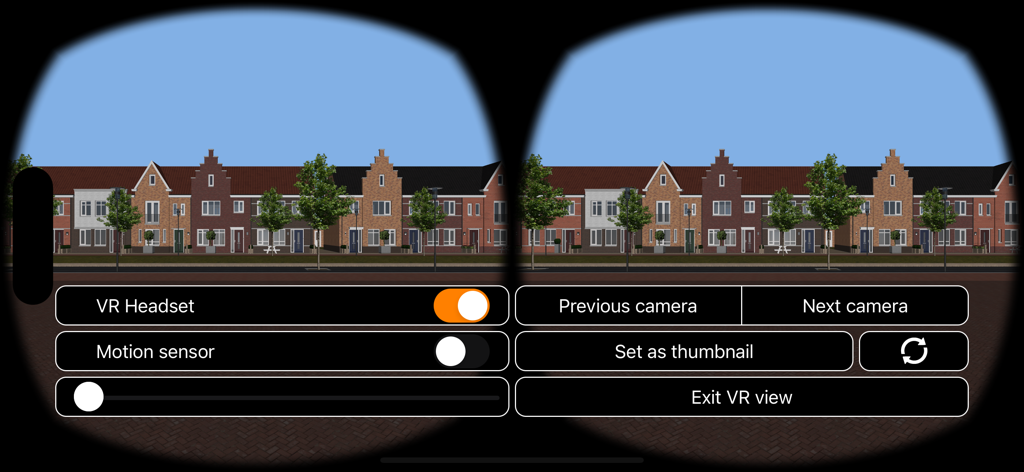 VR Creator - VR Creator app displaying a 3D architectural model of townhouses in a split-screen VR headset view with settings and camera controls