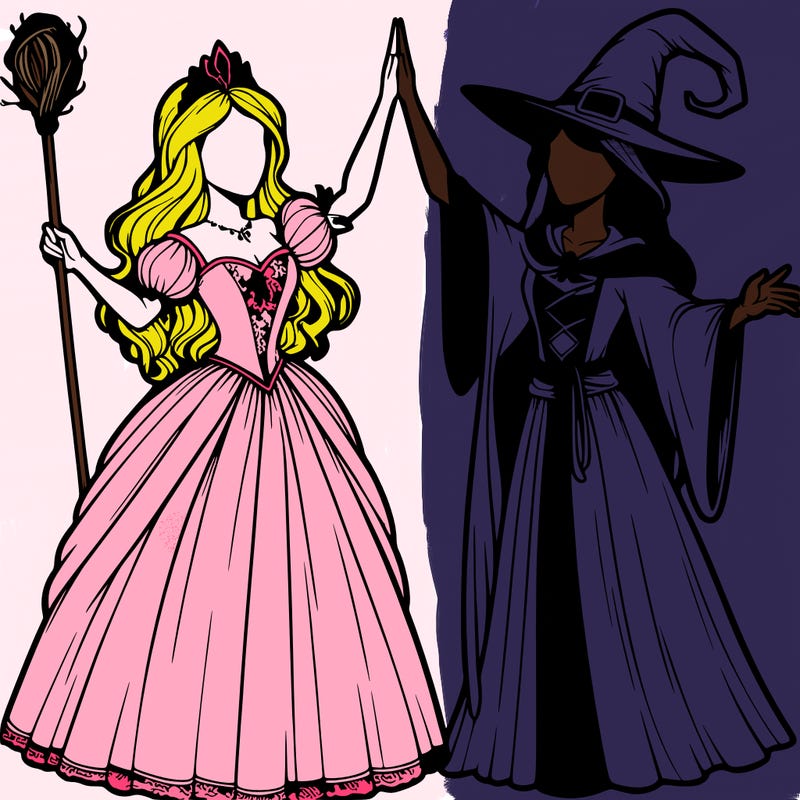 detailed realistic split of a princess and a witch