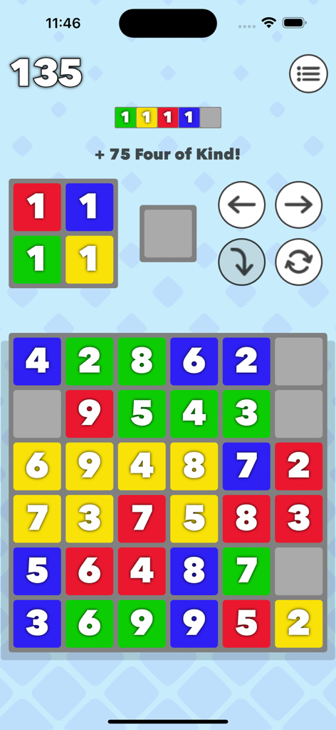 Margo 4 game interface displaying a four of a kind pattern match in a number puzzle