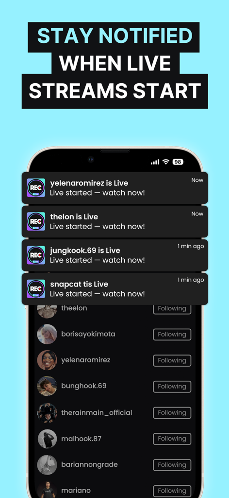 A mobile phone screen displaying real time notifications for multiple live streams starting