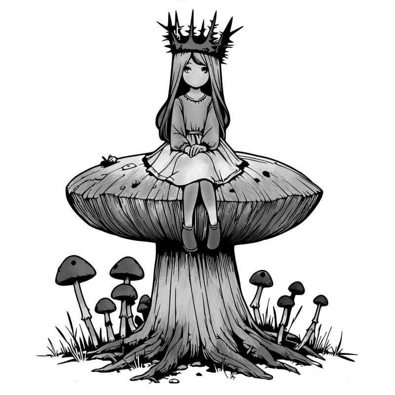 realistic girl sitting on a huge tree stump size toadstool with thorn crown