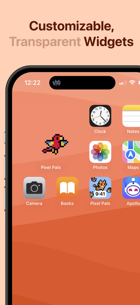 A smartphone home screen featuring Pixel Pals transparent widgets and pixel art animals