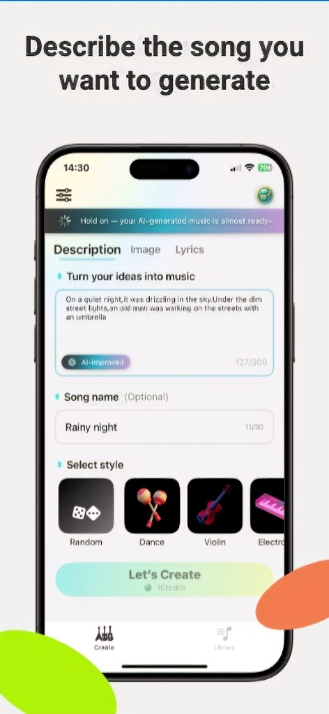 Smartphone screen showing the LyraAI app interface with a text description for a song and music style options.