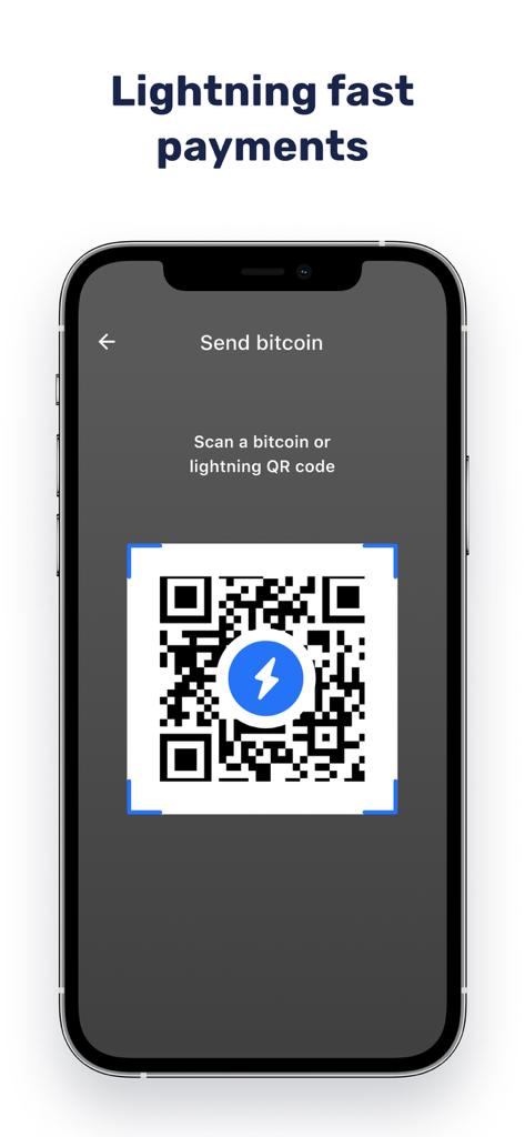 Muun Wallet app interface showing a QR code scanner for lightning fast bitcoin payments