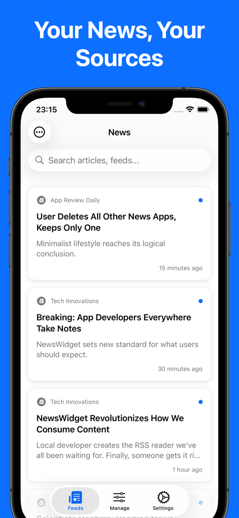 Uma tela de smartphone exibindo um feed de notícias com manchetes de diferentes fontes RSS no aplicativo News Widget