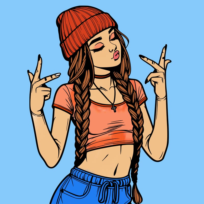 realistic teenage girl with braids and a beanie and crop top doing 🫶🏼