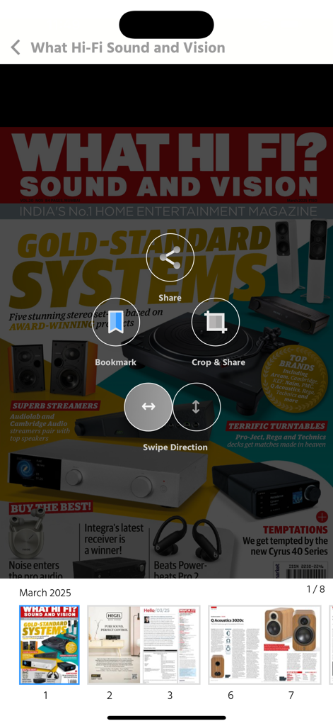 What Hi-Fi Sound and Vision - Interfaz digital de la aplicación What Hi Fi Sound and Vision que muestra la portada de una revista con reseñas de equipos de audio y herramientas de lectura interactivas.