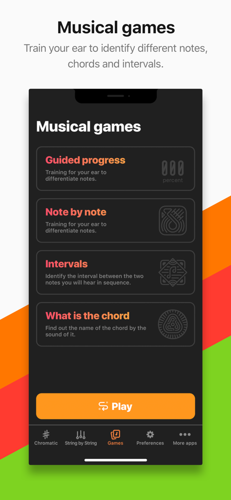 Cifra Club Tuner app interface showing a list of ear training musical games like note and chord identification