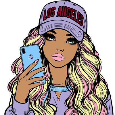 realistic beautiful girl wearing los ángeles cap holding an iphone