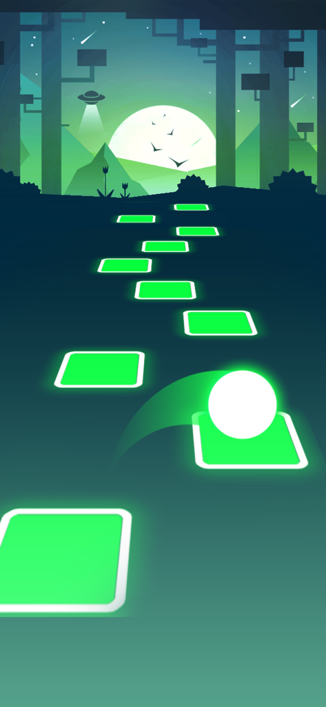 EDM HOP: Music Tiles Rush - A white ball bouncing on glowing neon green music tiles in a stylized forest environment.