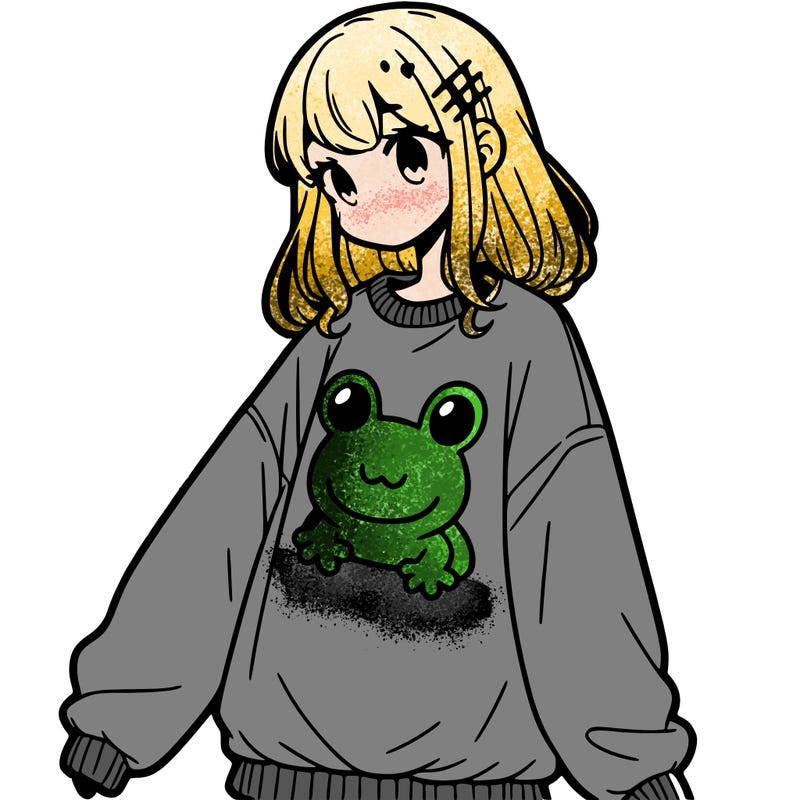 girl wearing frogging sweatshirt