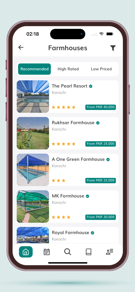 Porter Pakistan - Interface do aplicativo móvel Porter Paquistão mostrando uma lista de aluguéis de casas de fazenda em Karachi com preços e avaliações