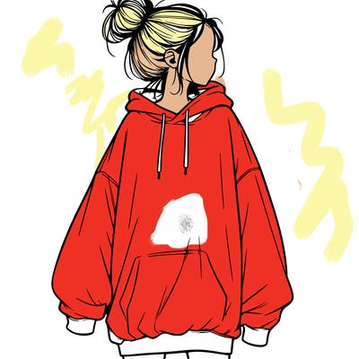 realistic girl with a oversized sweatshirt on and a bun