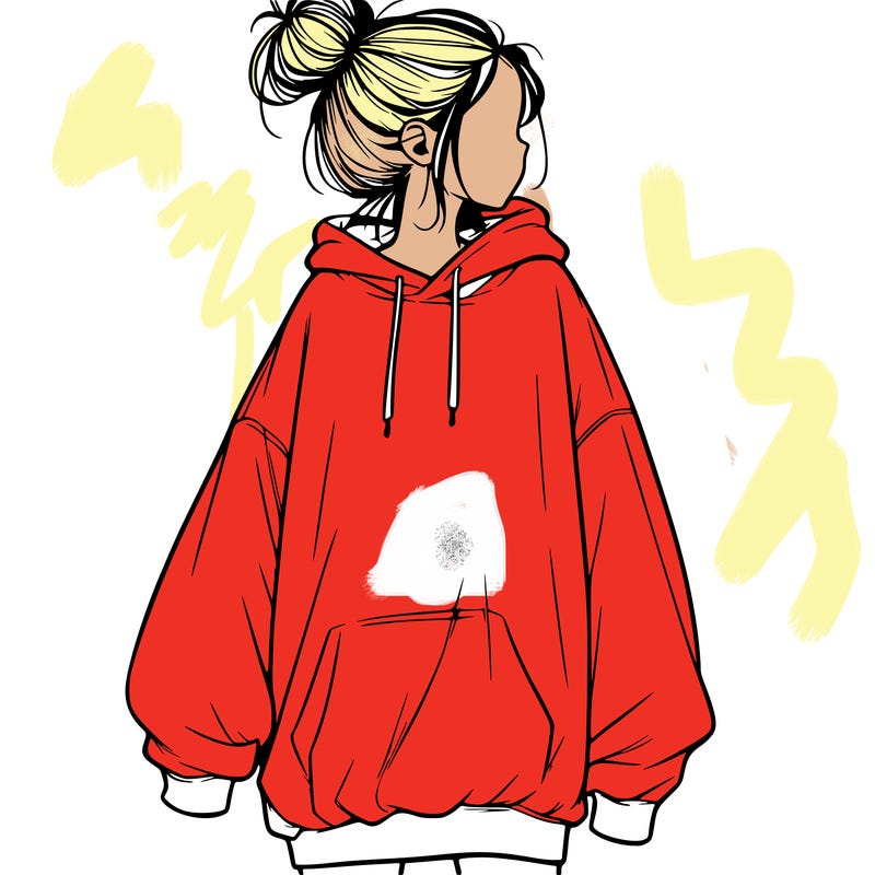 realistic girl with a oversized sweatshirt on and a bun