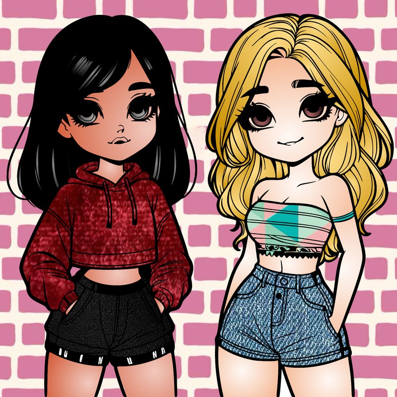 two cute teenage girls one wearing a hoodie and shorts and the other wearing crop top and shorts