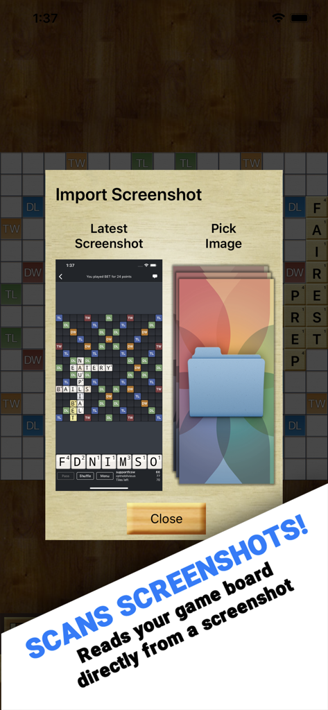 Captura de pantalla de la aplicación Word Breaker que muestra la interfaz para importar y escanear un tablero de juego de palabras.