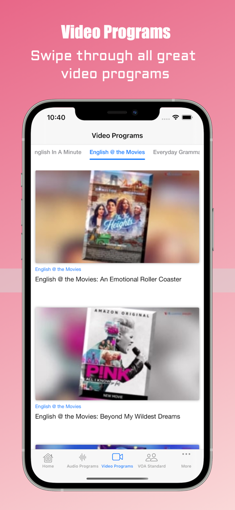 VOA English Learning - Interface des programmes vidéo de l'application VOA English Learning montrant des leçons basées sur des films