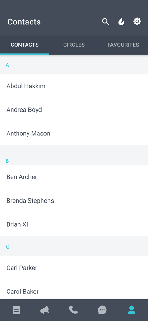Secure contact list interface within the SMART Comms enterprise communication app.