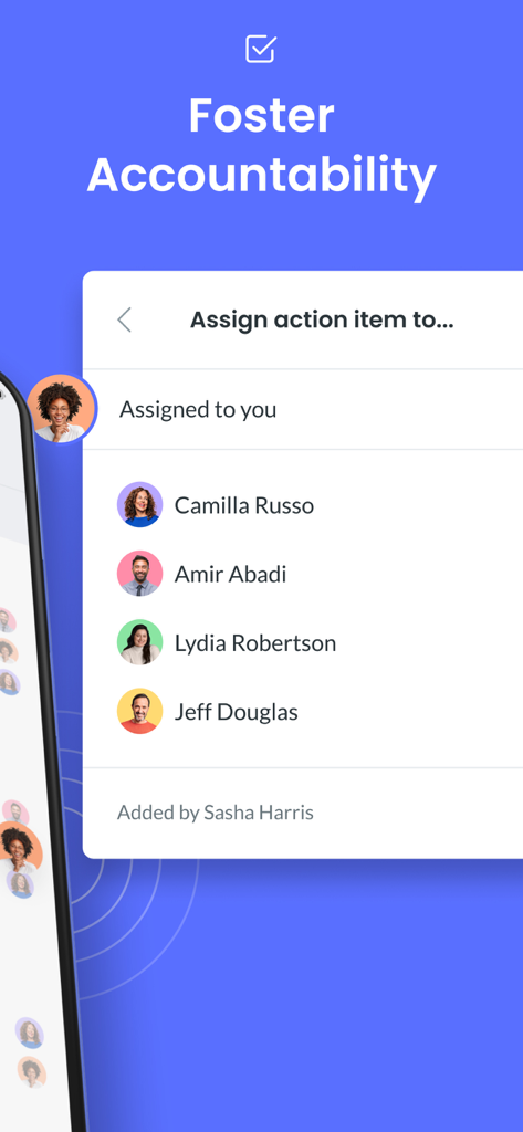Fellow.app - A mobile screen from Fellow.app showing the feature to assign meeting action items to specific team members to foster accountability.