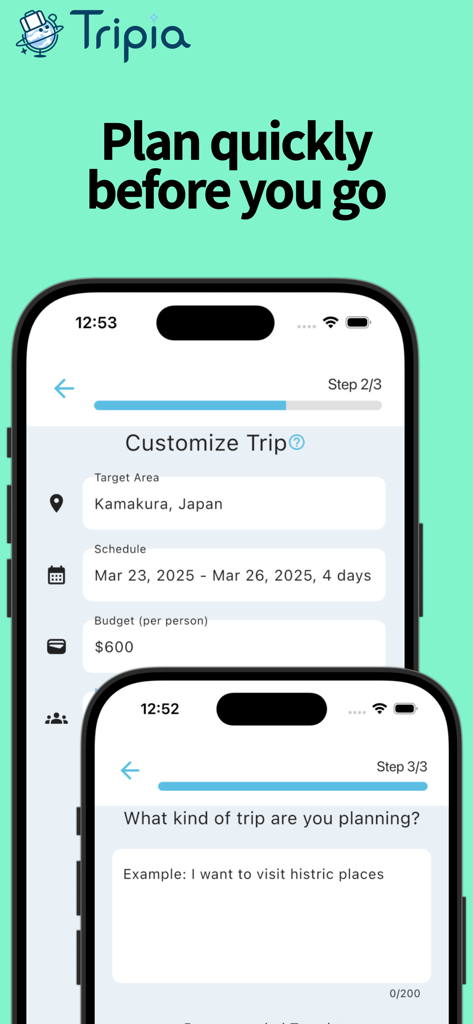 Tripia: AI Trip Planner - Mobile app screen showing the Tripia interface for customizing a trip with destination dates and budget details