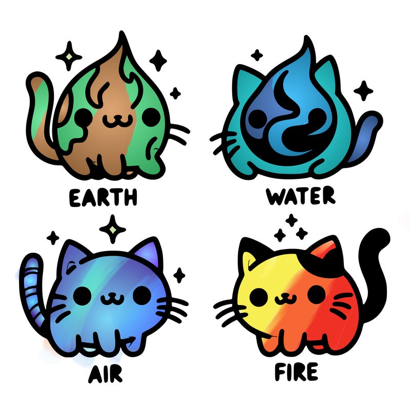 4 cats that represent the different elements, earth, water, air, and fire