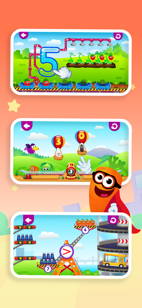 Kids Games! Learning 4 Toddler - Three screenshots showing educational math and logic games for toddlers featuring animated food characters