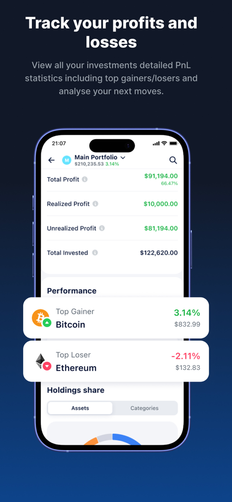 DropsTab Crypto Tracker - Interfaz de la aplicación móvil DropsTab que muestra estadísticas de ganancias y pérdidas del portafolio de criptomonedas con los mayores ganadores y perdedores.