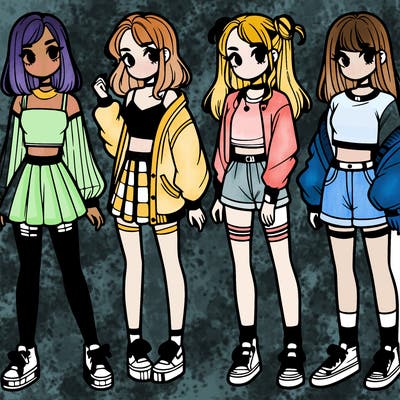 one girl with crop-top shirt and a jacket with a skirt, long socks and another girl with a shirt and pants with a jacket