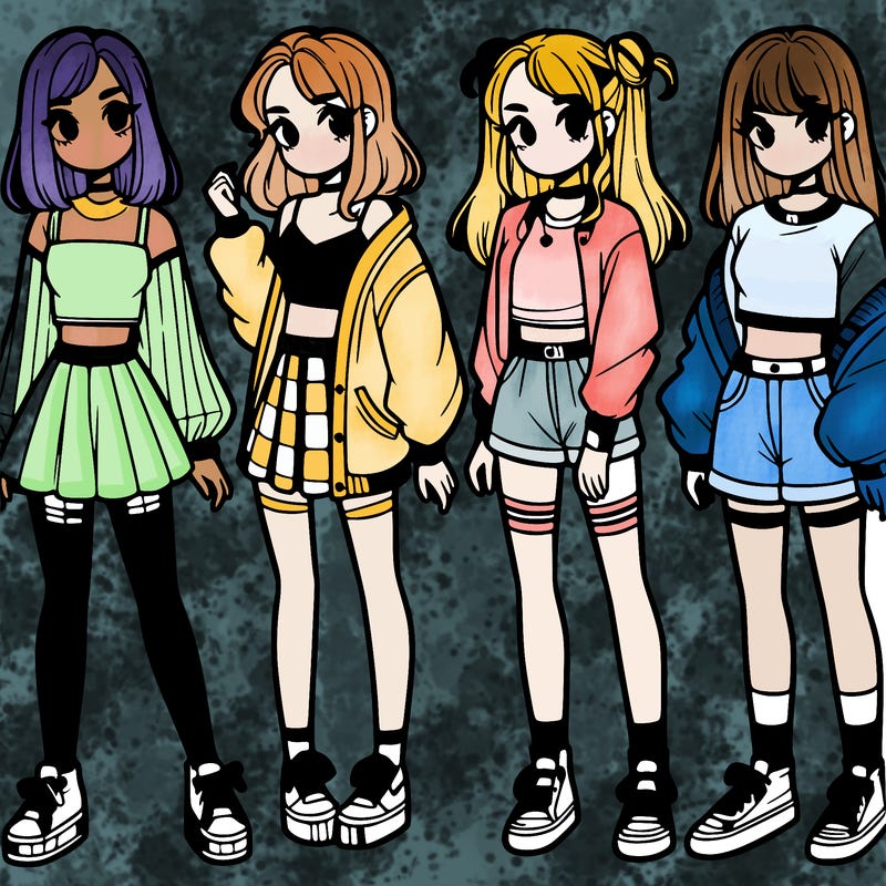 one girl with crop-top shirt and a jacket with a skirt, long socks and another girl with a shirt and pants with a jacket