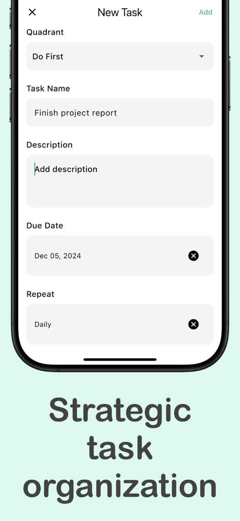 Eisenhower Matrix:Task Planner - 象限の選択と期日を含むアイゼンハワーマトリックスアプリでの新しいタスク追加用のインターフェース