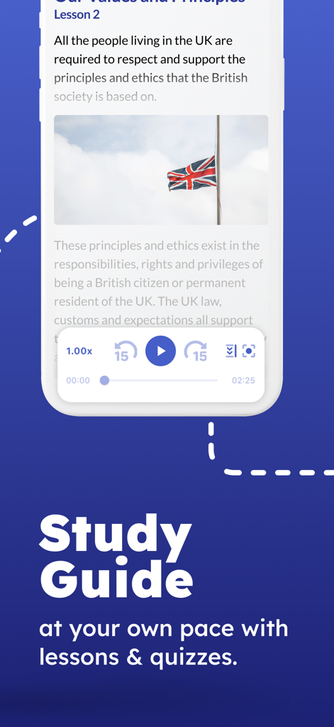 Study guide interface of the Life in the UK Test 2026 app with audio lessons and British values content.