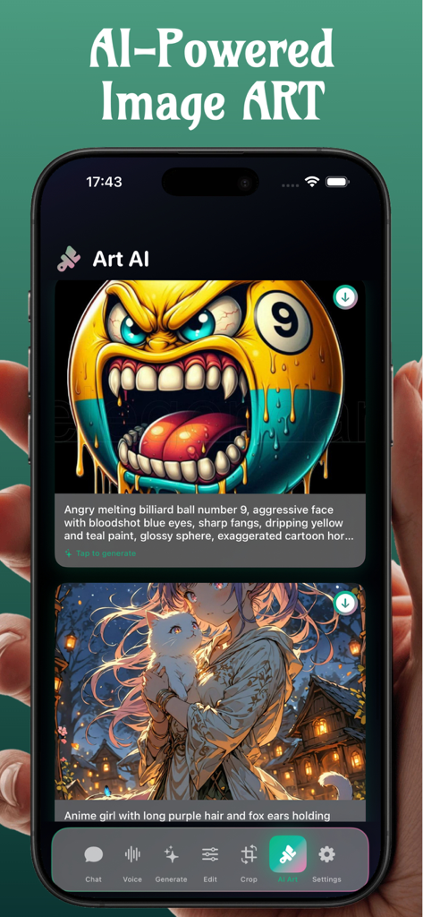 Interfaz de la aplicación Generador de Arte IA Perchance mostrando ejemplos de arte generado por IA con prompts.