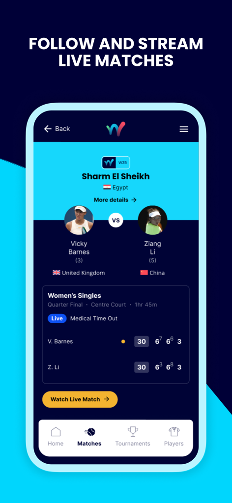 World Tennis Tour Live - World Tennis Tour app interface showing live match scores and a watch live button for an ITF tournament