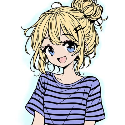 anime girl teenager striped shirt and smile and messy bun