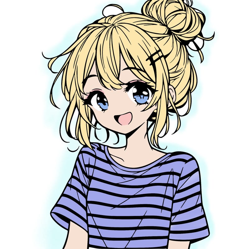 anime girl teenager striped shirt and smile and messy bun