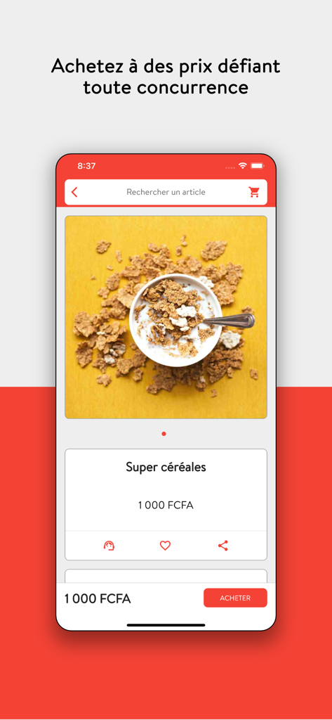 Marketo - Marketo mobile app screenshot showing a product page for cereal with a buy button and price information