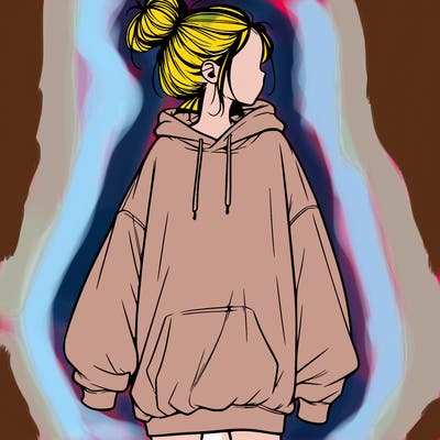 realistic girl with a oversized sweatshirt on and a bun