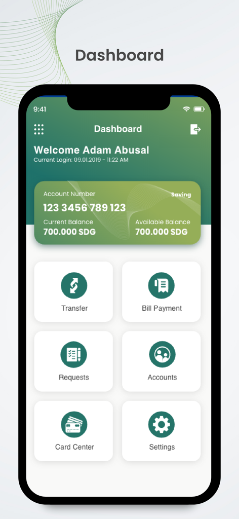 O-Cash - Panel de la aplicación de banca móvil O-Cash que muestra el saldo de la cuenta en SDG e íconos de navegación para transferencias y pagos de facturas