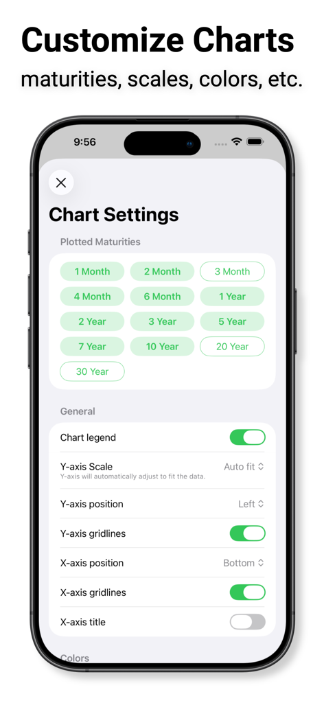 選択可能な債券満期や軸コントロールなど、Treasury Yield Curve Trackerアプリのチャート設定を表示するスマートフォン画面